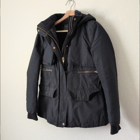 Zara Basic Outerwear Parka Hooded Black Coat with Gold Accents Womens Small - Picture 5 of 10